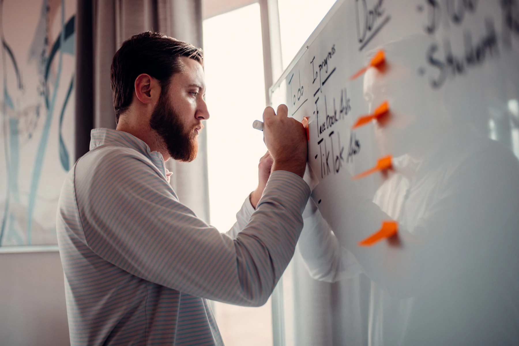 A founder mapping out a plan on a glass wall